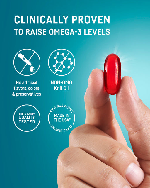 A hand holding a Kori Krill Oil Softgel 800 mg 90 ct in front of a blue background. Enjoy our Krill Oil, made in the USA, with absolutely no artificial flavors, colors or preservatives. It's non-GMO and undergoes rigorous third-party quality testing. Sourced responsibly from the pristine Arctic waters.