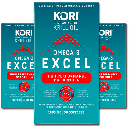Kori Omega-3 Excel Krill Oil Softgels 1000mg, 3 Pack 150 CT