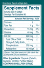 Supplement nutrition facts. 800mg of krill oil, that includes 140mg of fatty acids, 320mg of phospholipids, and 80mcg of astaxanthin. 5 calories. 1g of fat. 15mg of cholesterol. 40mg of choline. Serving size 1 softgel. 90 servings per a container. Other ingredients include gelatin, glycerin, sorbitol, and purified water for the capsule. Contains shellfish.