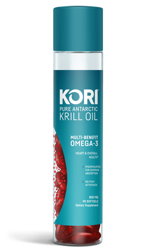 A Kori Krill Oil 800mg 90ct softgel bottle on a white background.