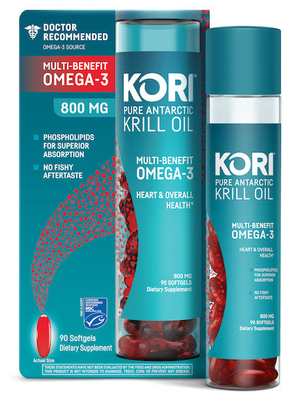 	A bottle of Kori Krill Oil Softgels 800 mg, 90 ct next to a box of pills.